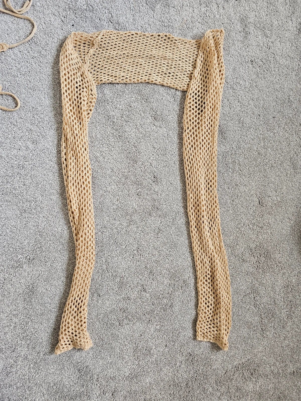 Generic crochet knit summer beach set halter top/bralette long sleeve bolero mini skirt beige M/10