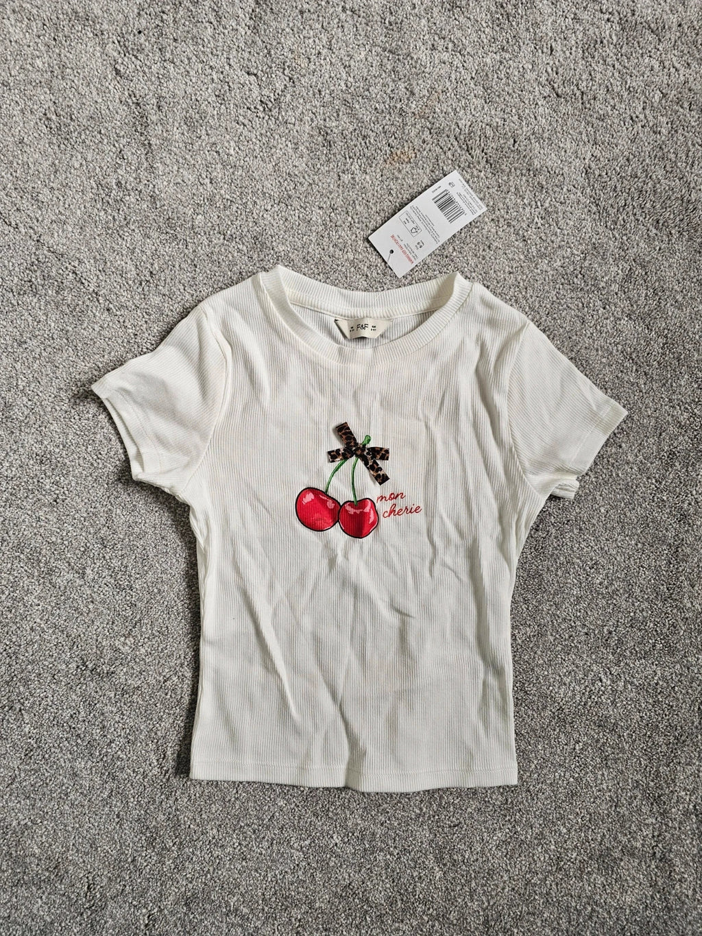 F&F girls 8/9y rib short sleeve cherry top cotton casual T-shirt fruit summer leopard bow white red