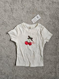 F&F girls 8/9y rib short sleeve cherry top cotton casual T-shirt fruit summer leopard bow white red