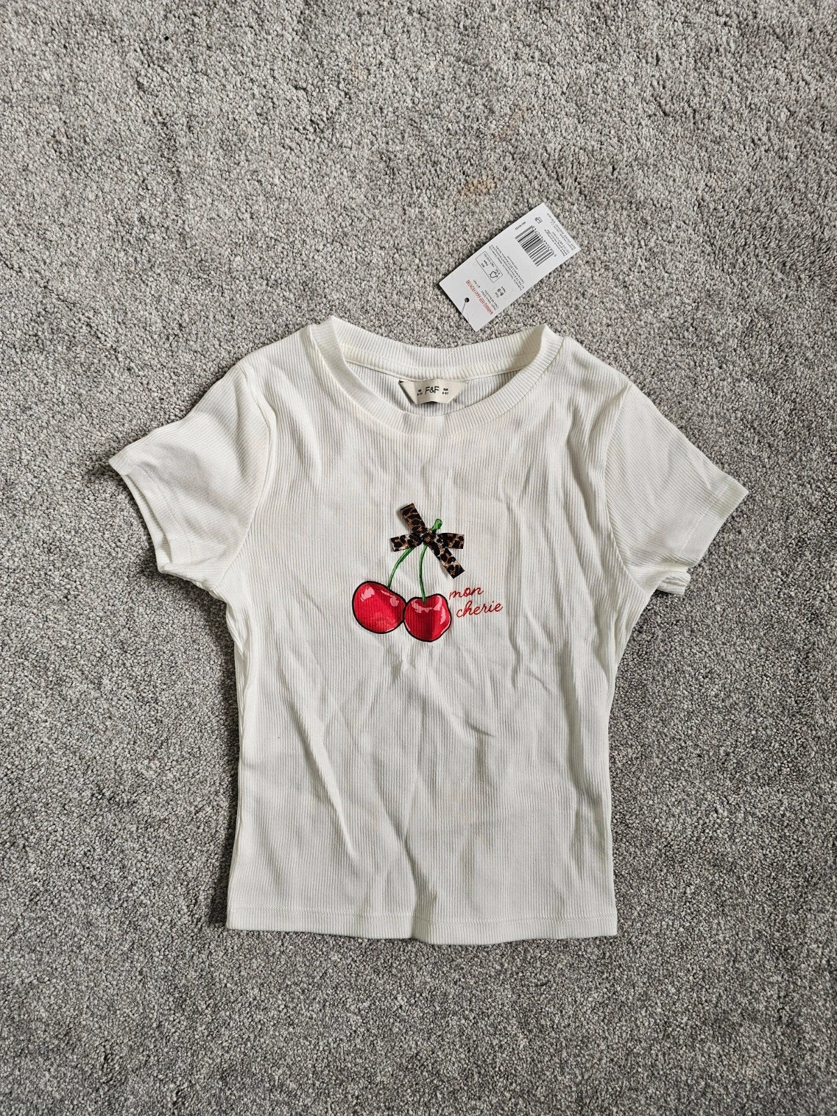 F&F girls 8/9y rib short sleeve cherry top cotton casual T-shirt fruit summer leopard bow white red