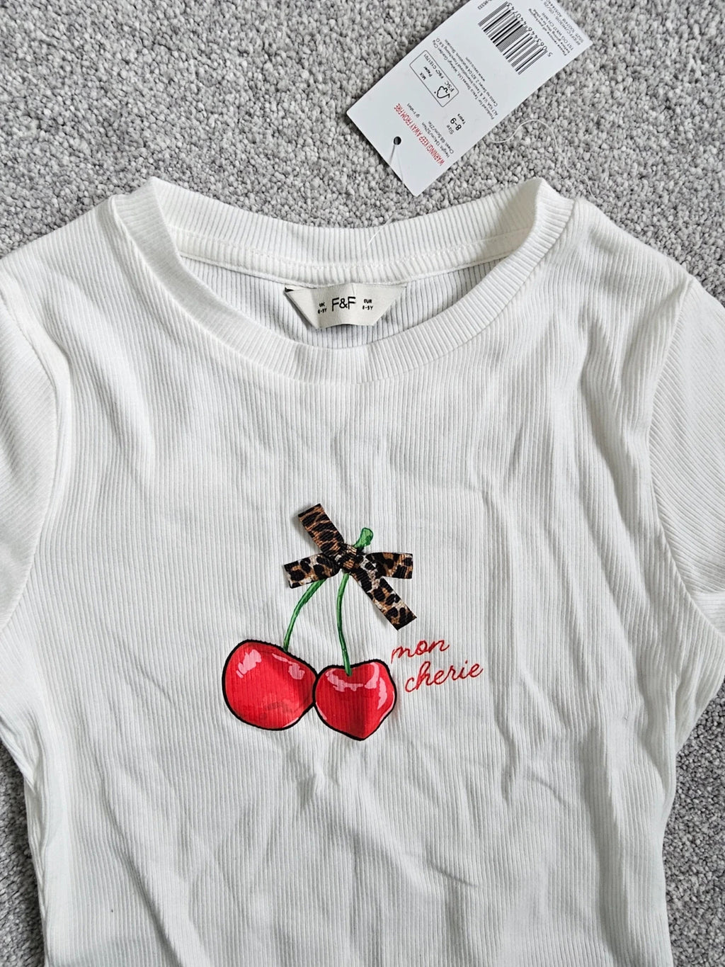 F&F girls 8/9y rib short sleeve cherry top cotton casual T-shirt fruit summer leopard bow white red