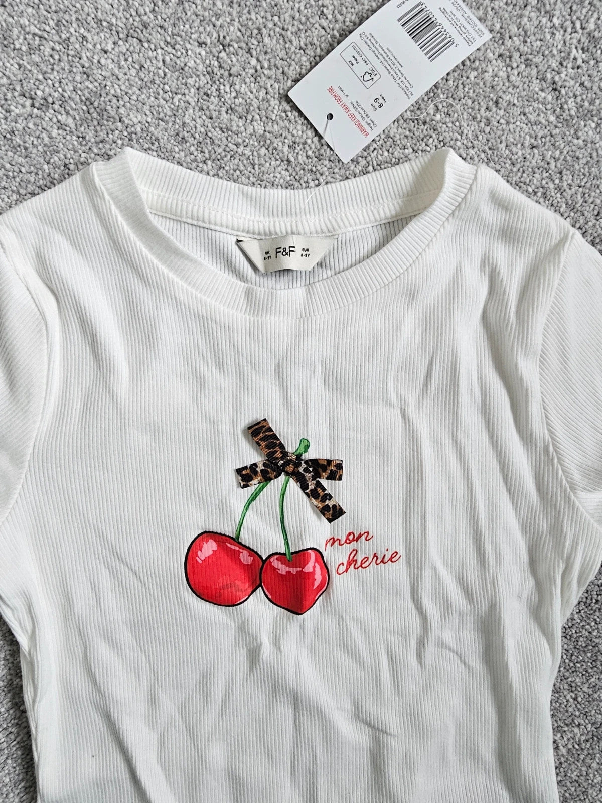 F&F girls 8/9y rib short sleeve cherry top cotton casual T-shirt fruit summer leopard bow white red