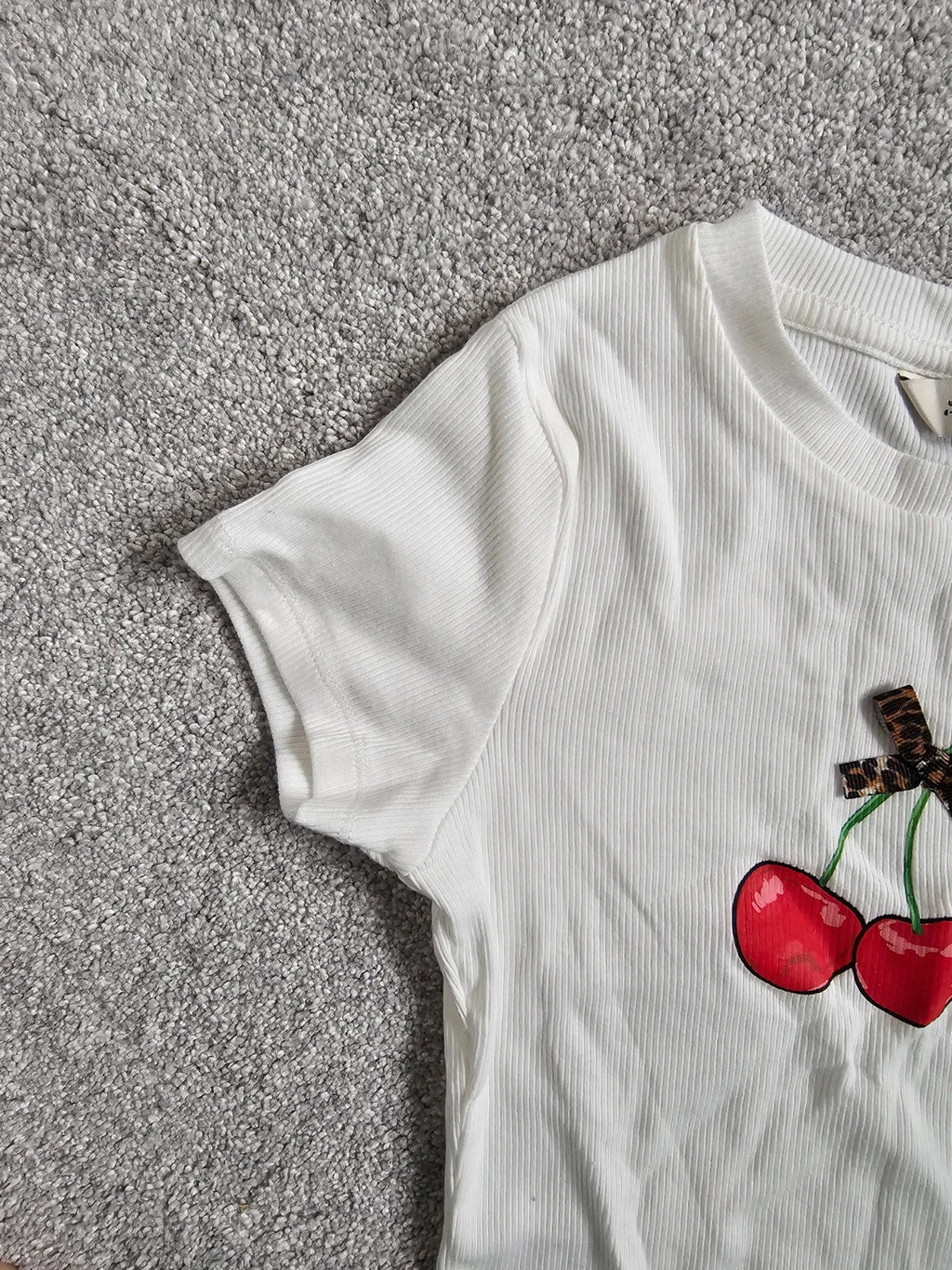 F&F girls 8/9y rib short sleeve cherry top cotton casual T-shirt fruit summer leopard bow white red