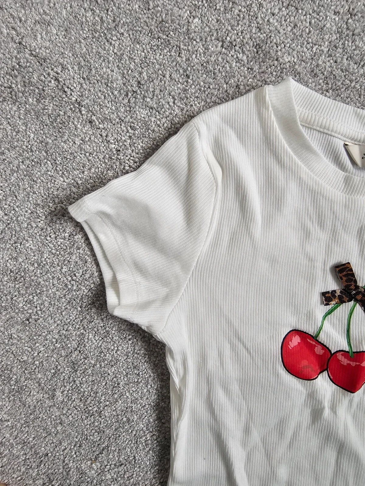 F&F girls 8/9y rib short sleeve cherry top cotton casual T-shirt fruit summer leopard bow white red