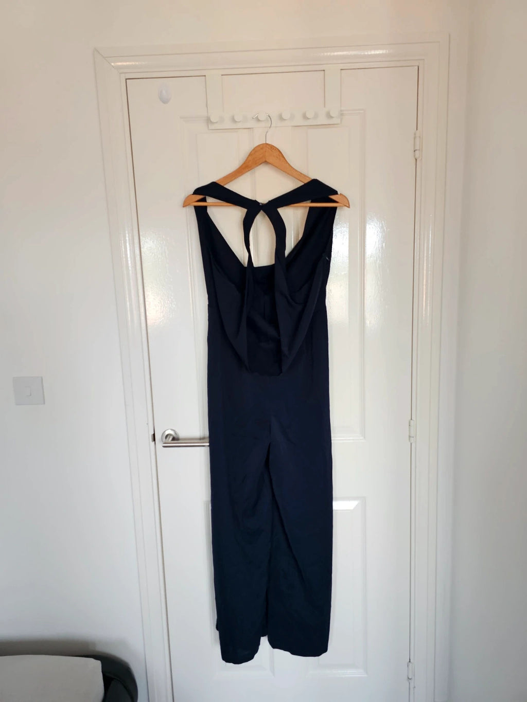 Shein long wide straight leg jumpsuit women sleeveless cowl neck backless party weeding navy M/10