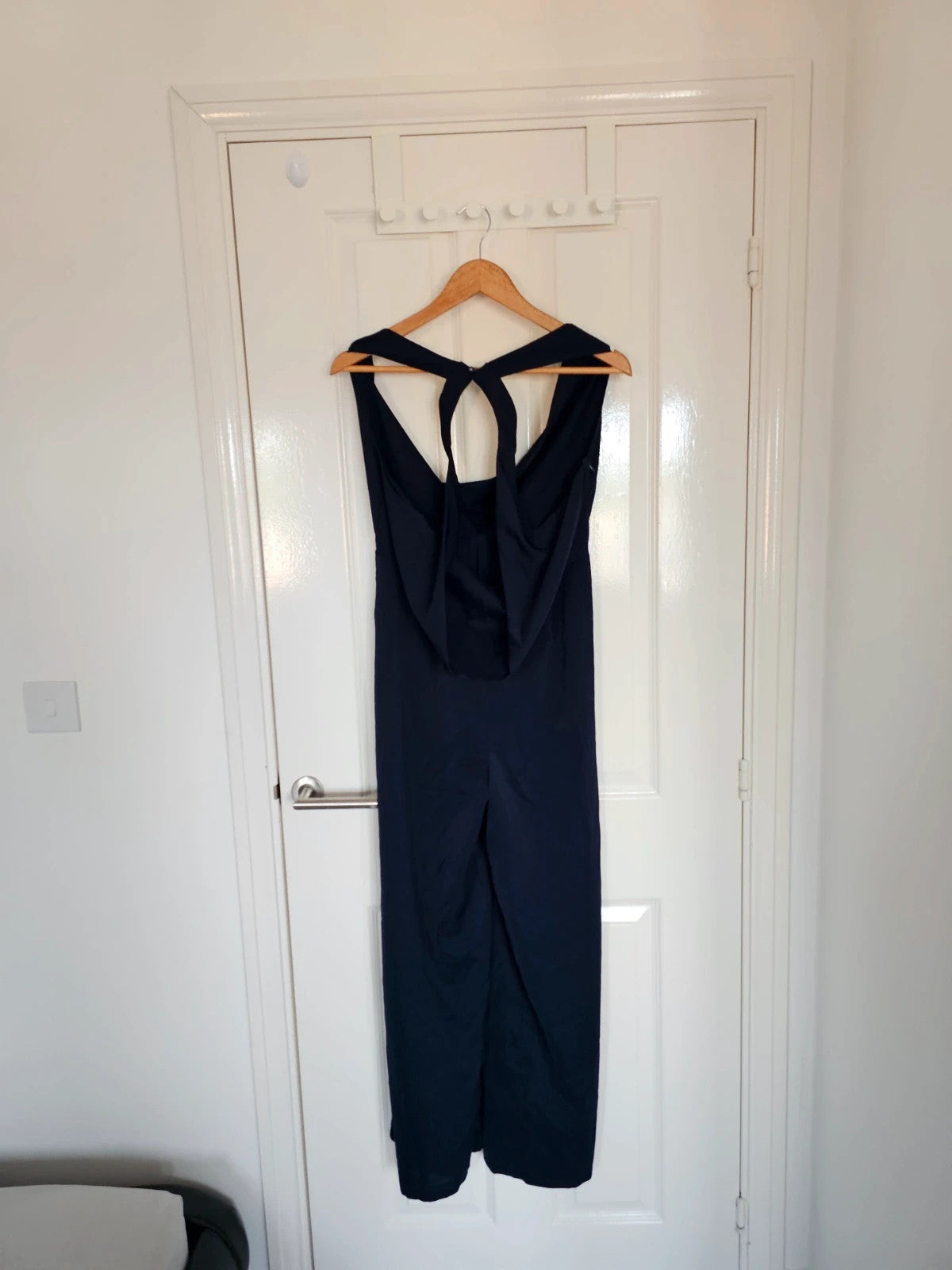 Shein long wide straight leg jumpsuit women sleeveless cowl neck backless party weeding navy M/10