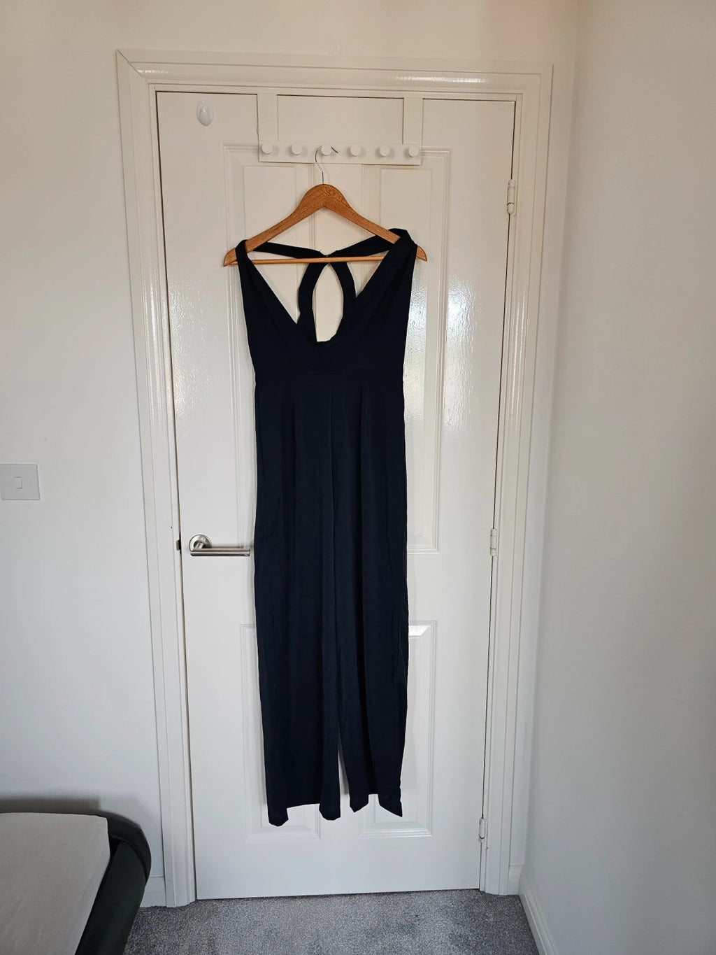 Shein long wide straight leg jumpsuit women sleeveless cowl neck backless party weeding navy M/10