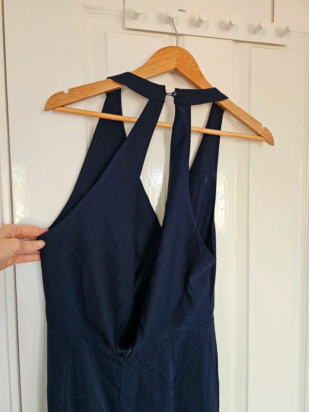 Shein long wide straight leg jumpsuit women sleeveless cowl neck backless party weeding navy M/10