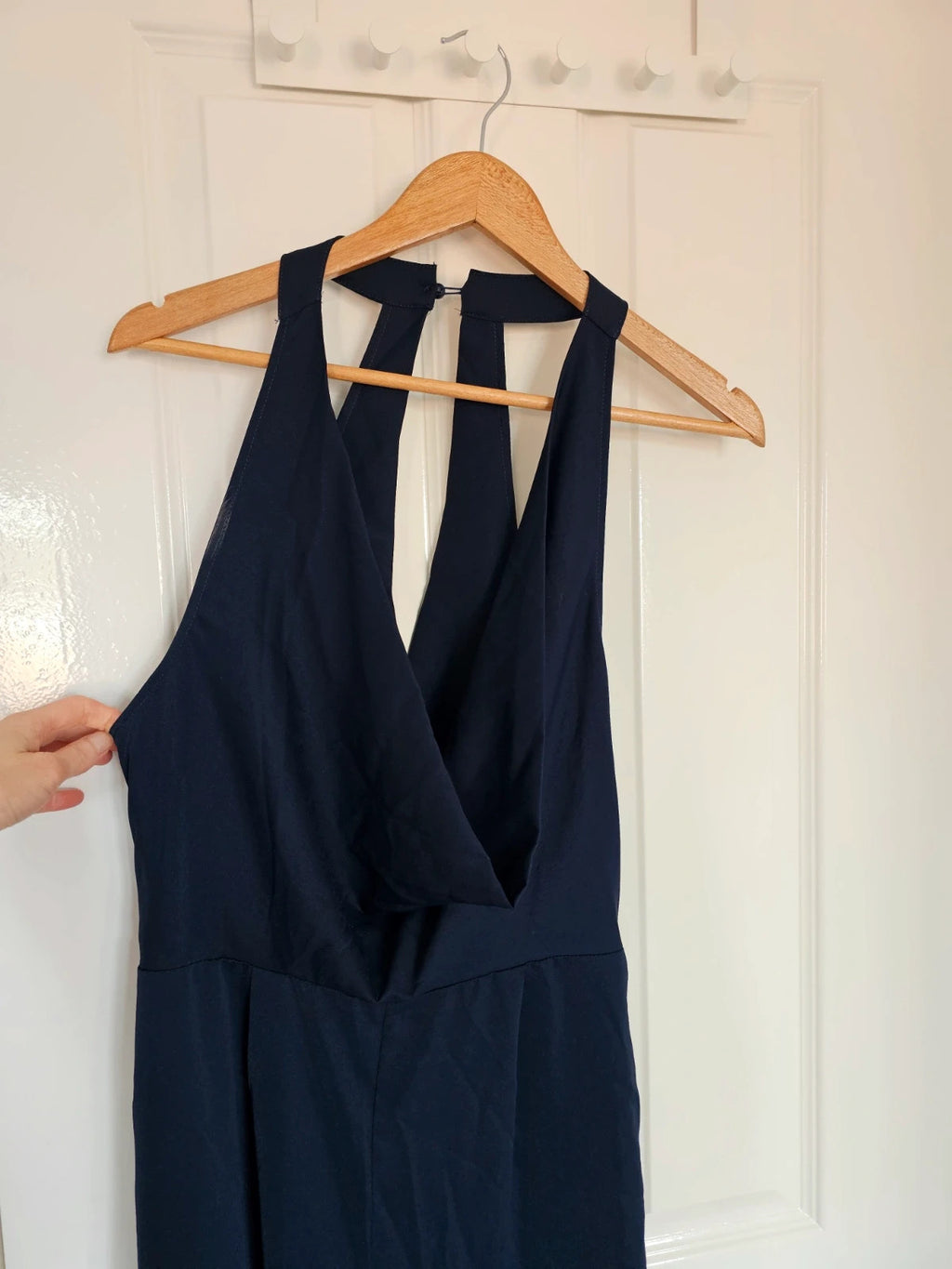 Shein long wide straight leg jumpsuit women sleeveless cowl neck backless party weeding navy M/10