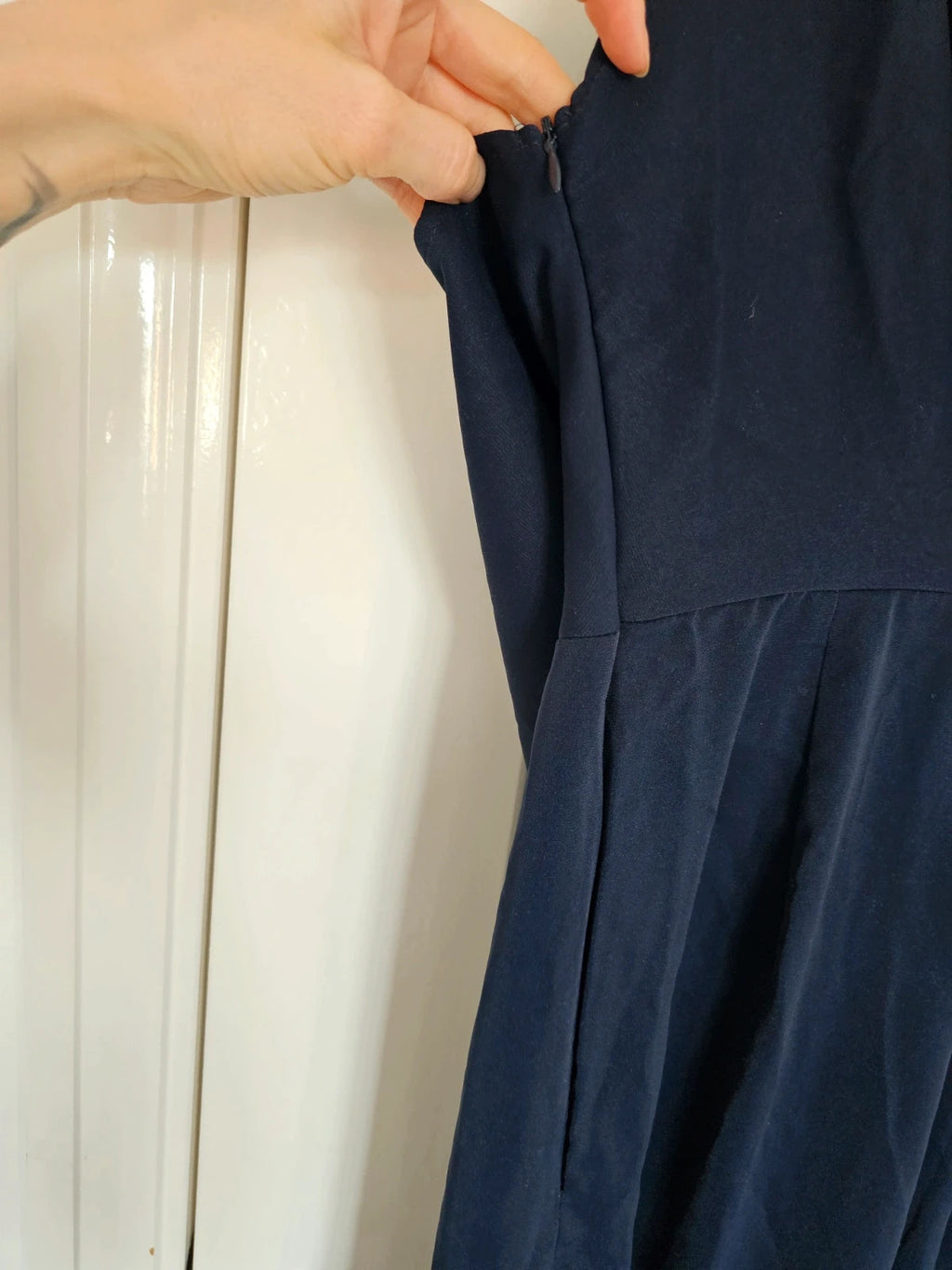 Shein long wide straight leg jumpsuit women sleeveless cowl neck backless party weeding navy M/10