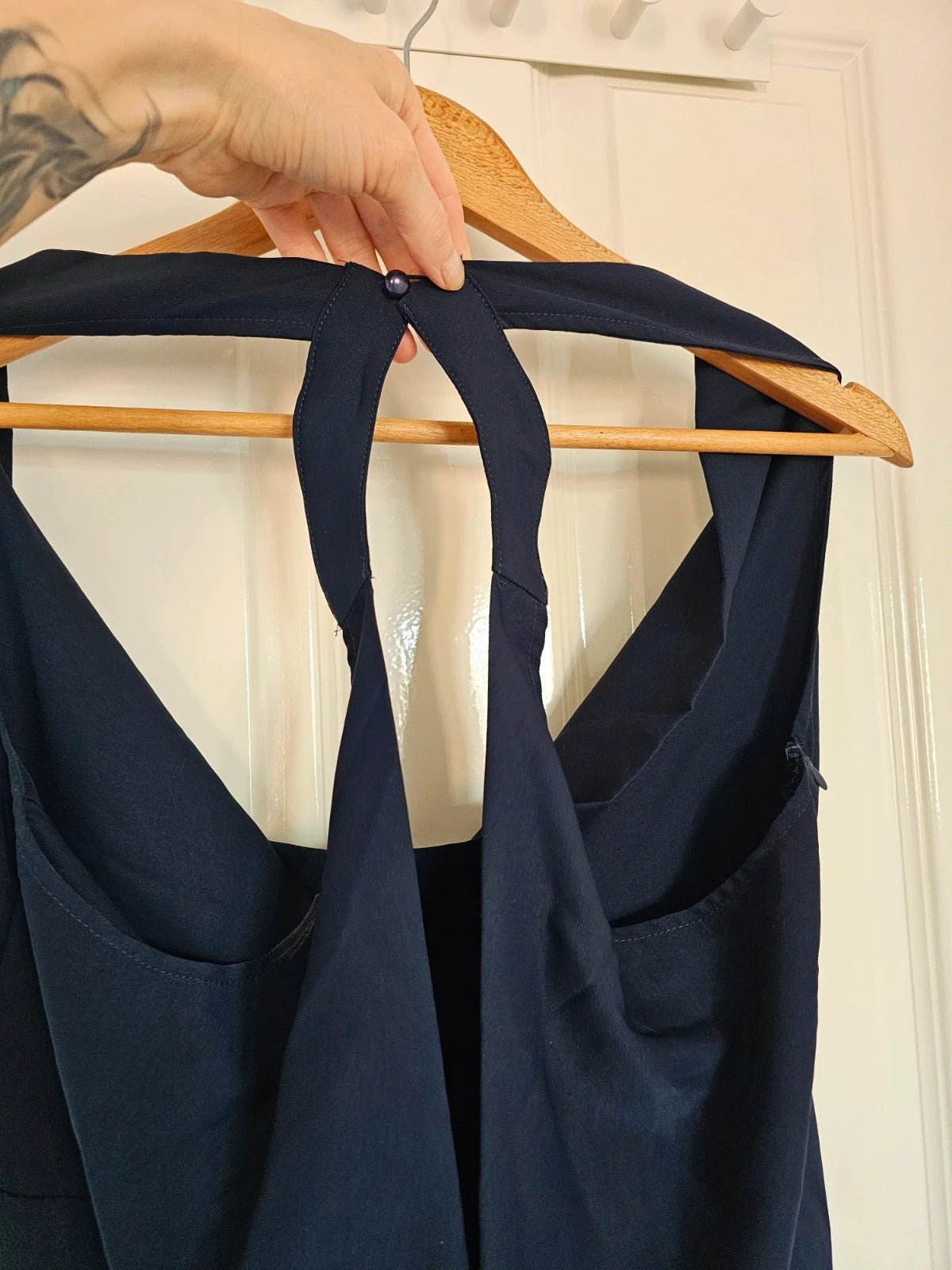 Shein long wide straight leg jumpsuit women sleeveless cowl neck backless party weeding navy M/10