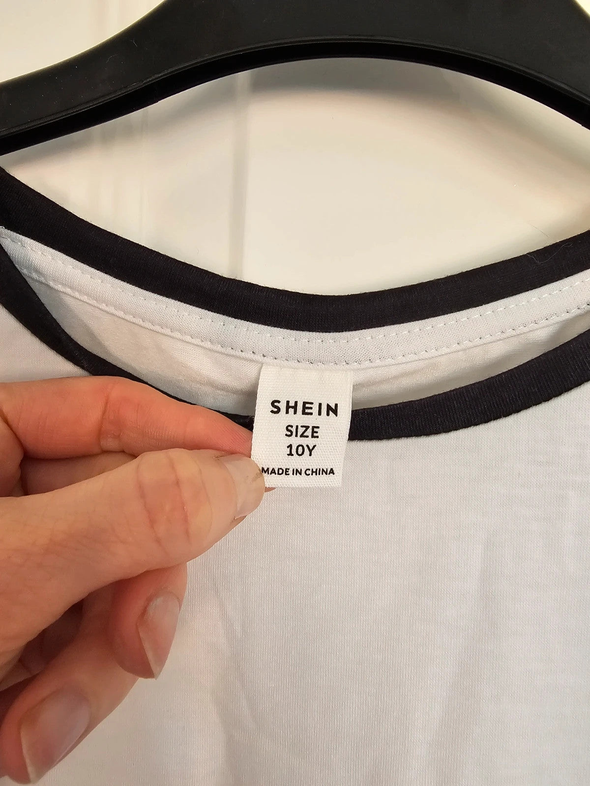 Shein girls 10y contrast set New York City print loose T-shirt skinny shorts white black