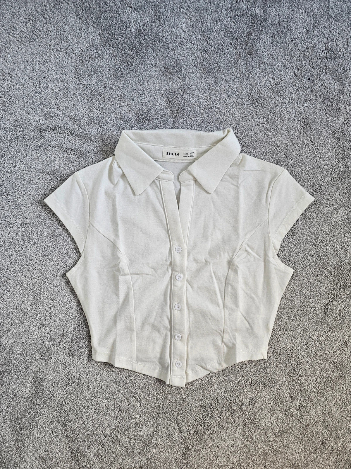 Shein kids girls 10y white cotton blend short sleeve shirt collar neck buttons blouse