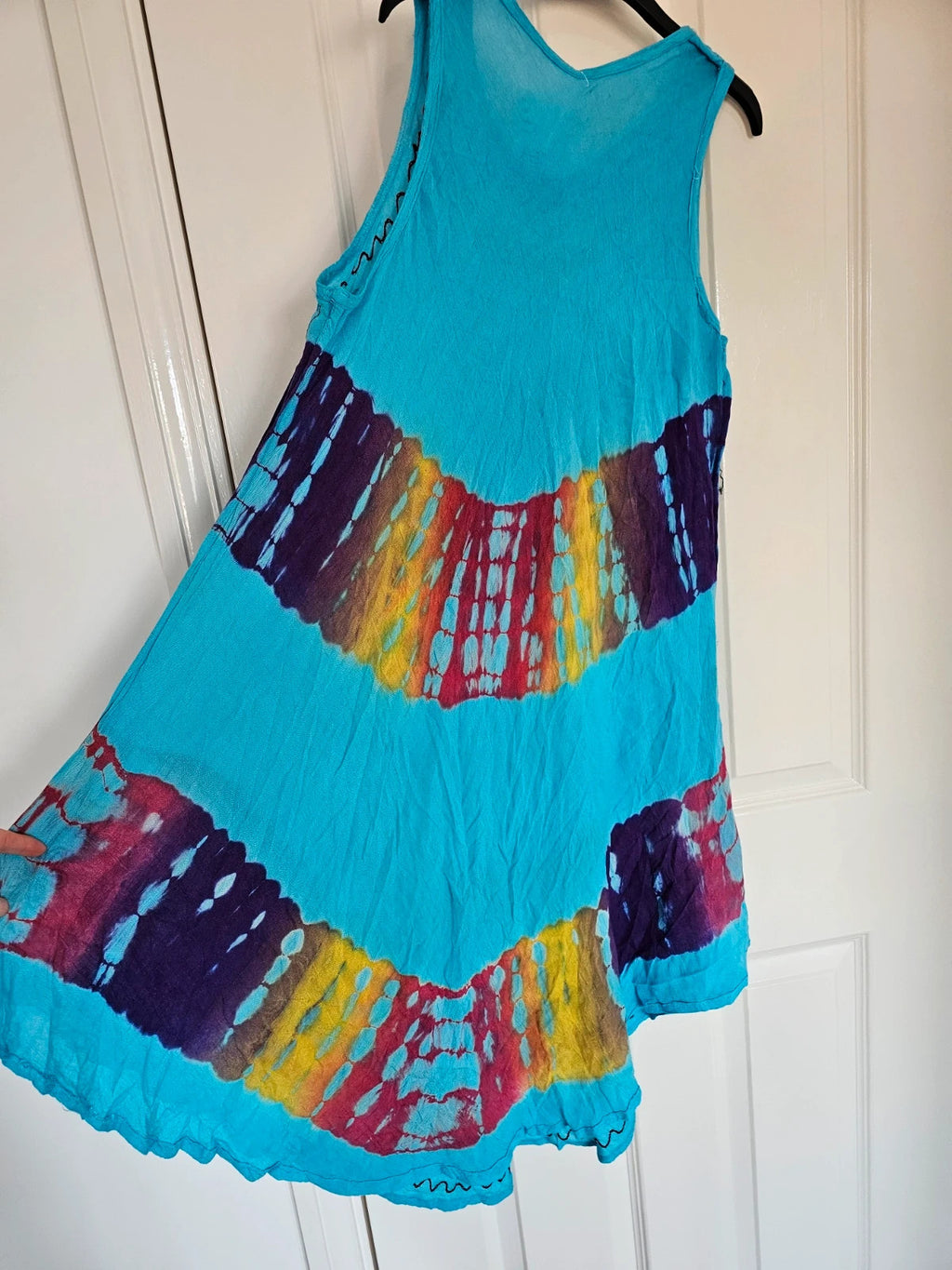 Women's tie dye viscose midi dress sleeveless umbrella dress beach boho summer blue/multi M/L