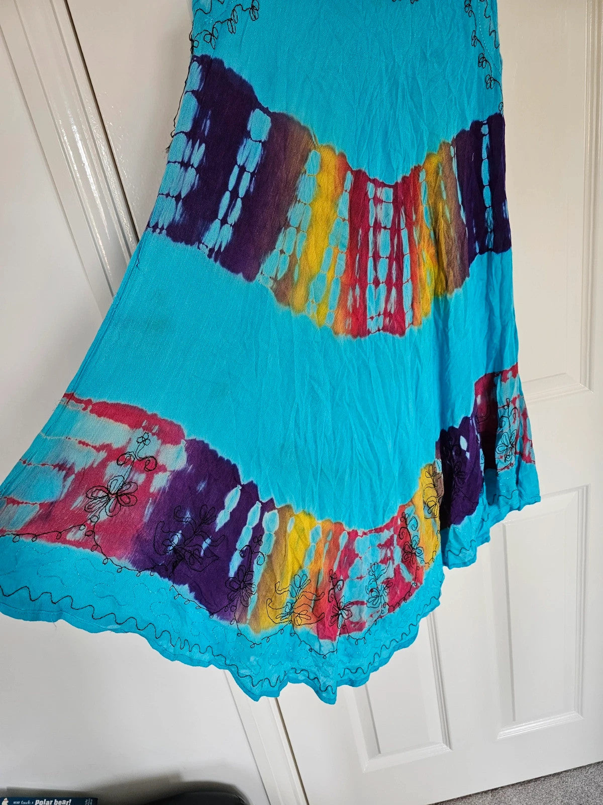Women's tie dye viscose midi dress sleeveless umbrella dress beach boho summer blue/multi M/L