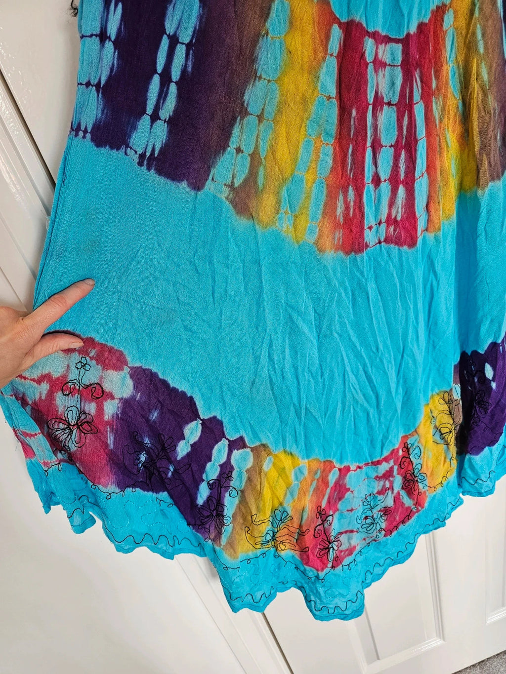 Women's tie dye viscose midi dress sleeveless umbrella dress beach boho summer blue/multi M/L