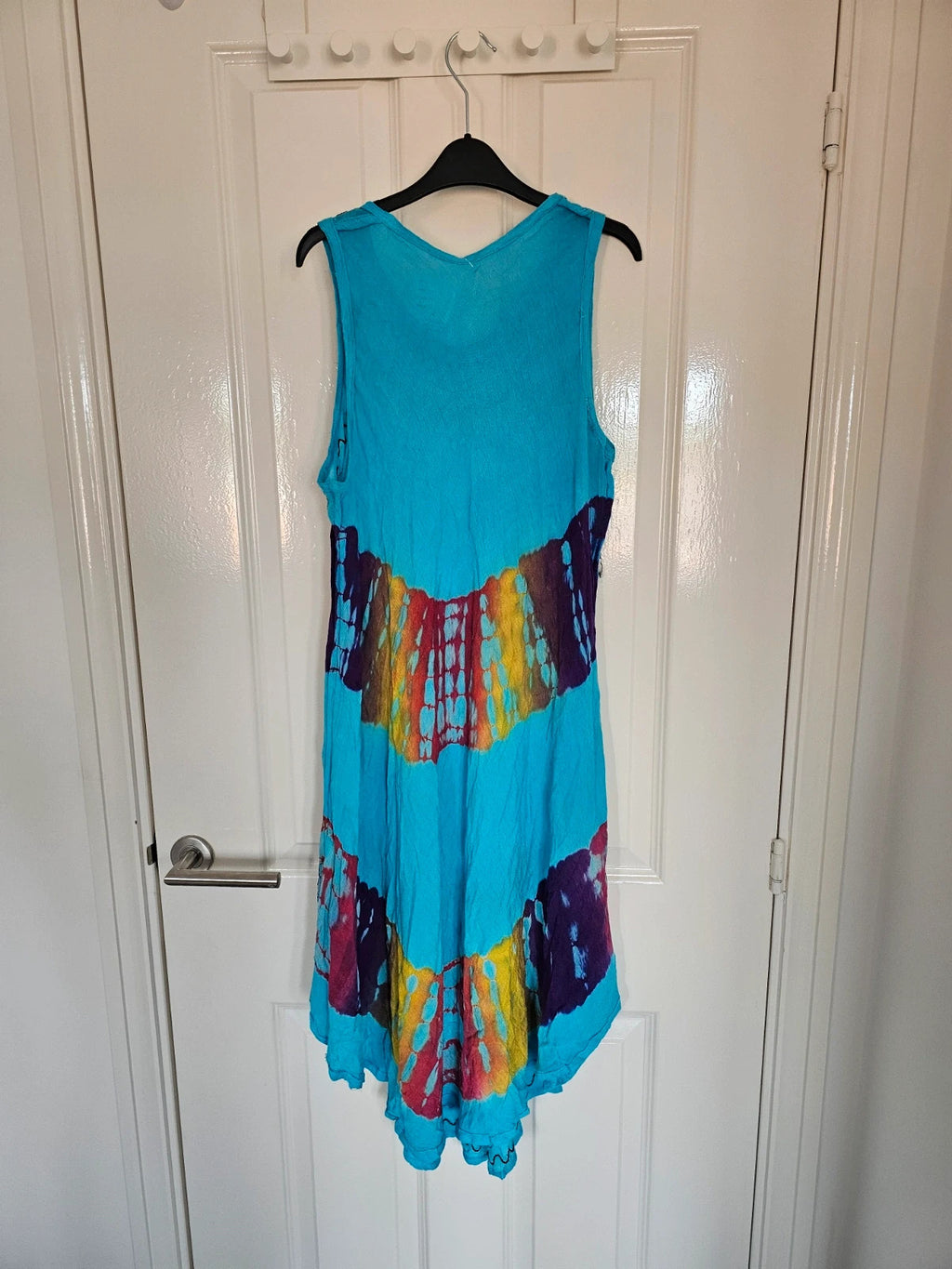 Women's tie dye viscose midi dress sleeveless umbrella dress beach boho summer blue/multi M/L