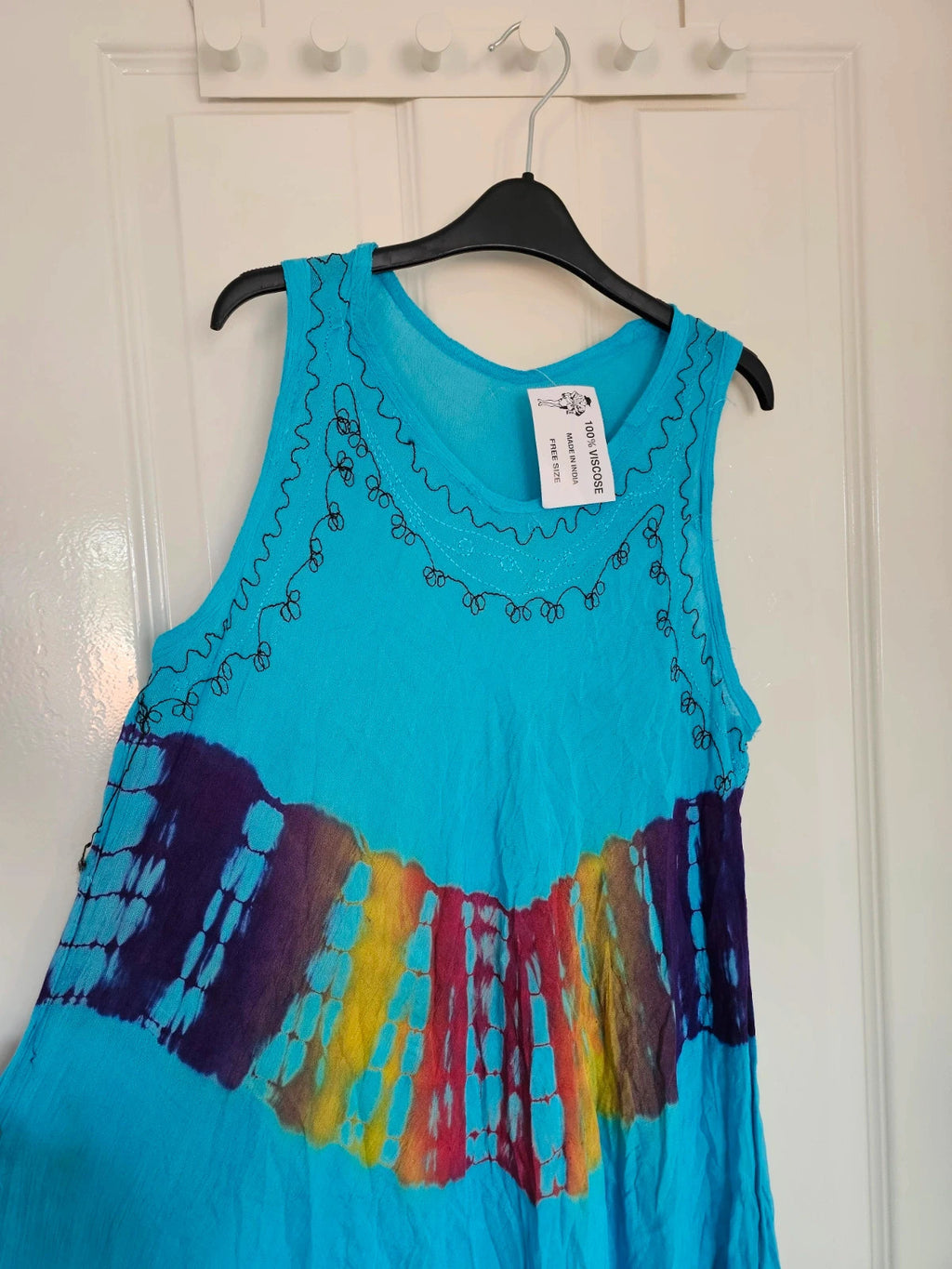 Women's tie dye viscose midi dress sleeveless umbrella dress beach boho summer blue/multi M/L
