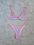 Shein women floral print triangle bikini top thong bottom swimsuit swimwear pink/blue L/12