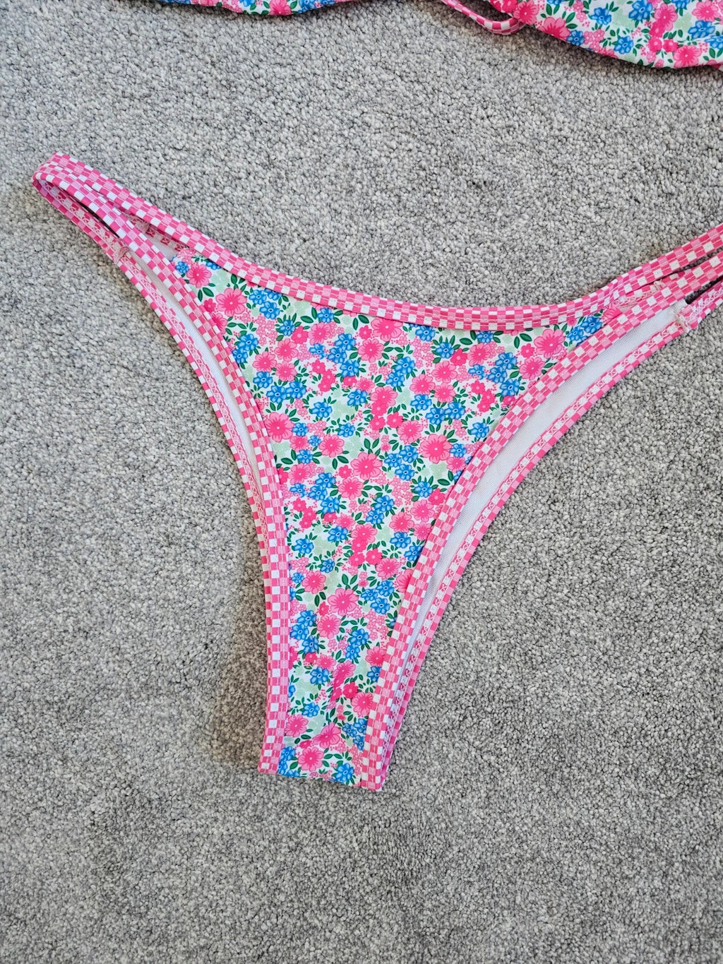 Shein women floral print triangle bikini top thong bottom swimsuit swimwear pink/blue L/12