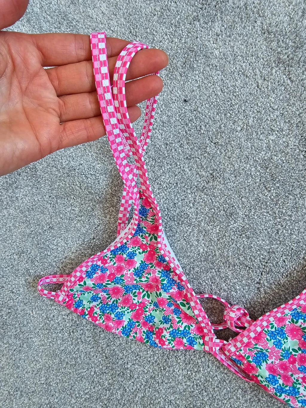 Shein women floral print triangle bikini top thong bottom swimsuit swimwear pink/blue L/12