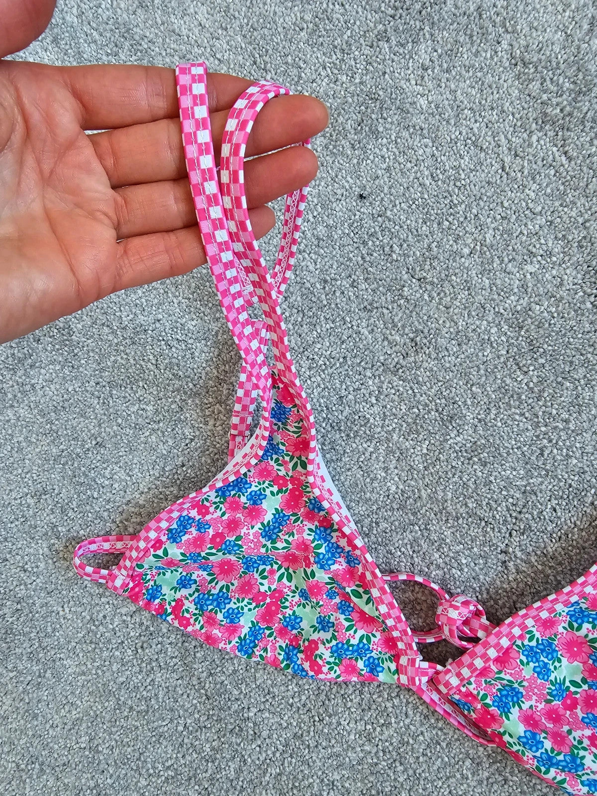 Shein women floral print triangle bikini top thong bottom swimsuit swimwear pink/blue L/12