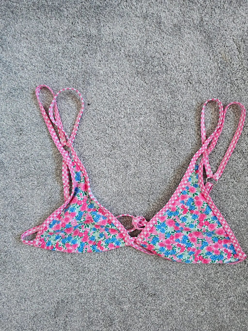 Shein women floral print triangle bikini top thong bottom swimsuit swimwear pink/blue L/12