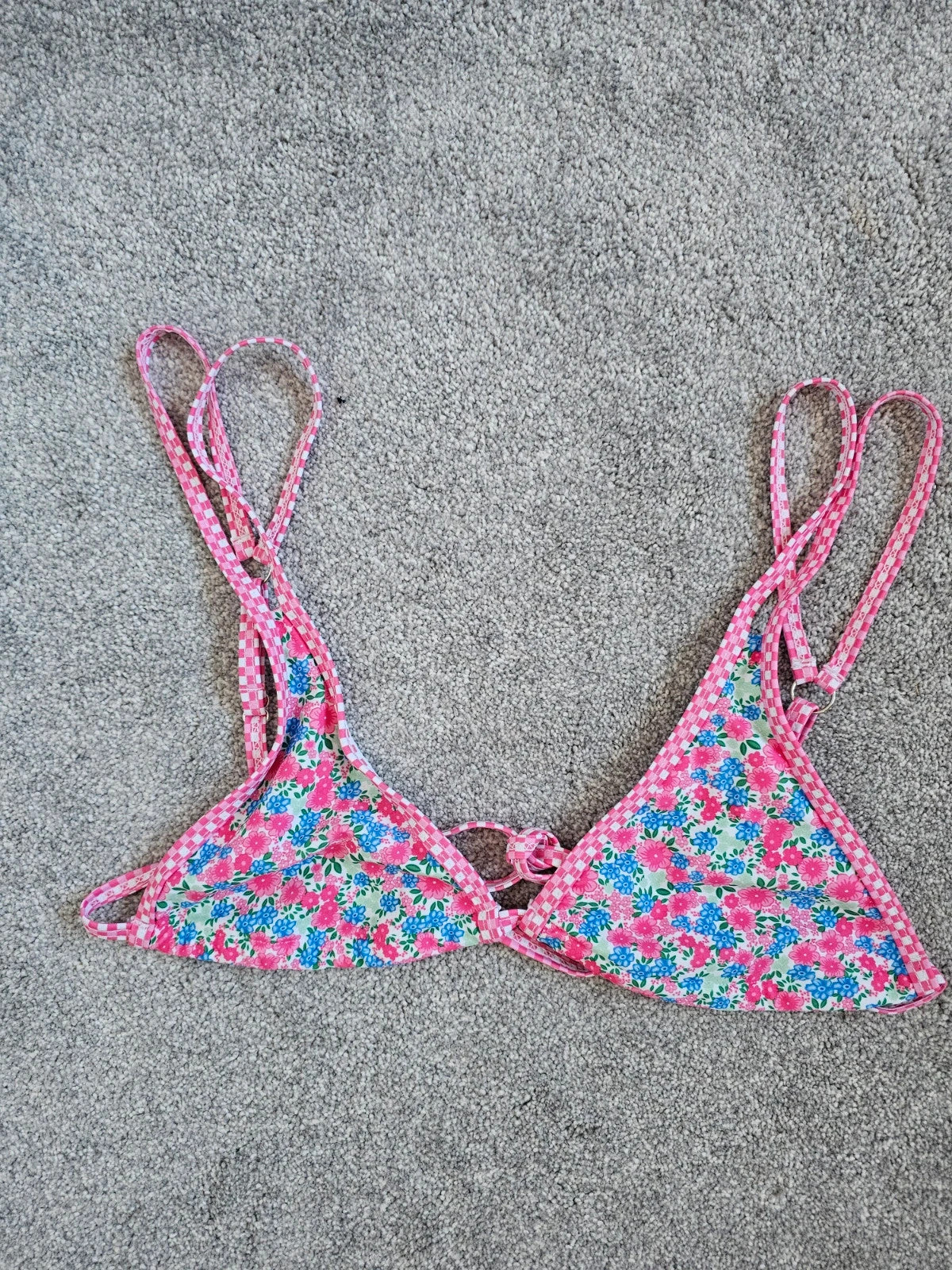 Shein women floral print triangle bikini top thong bottom swimsuit swimwear pink/blue L/12