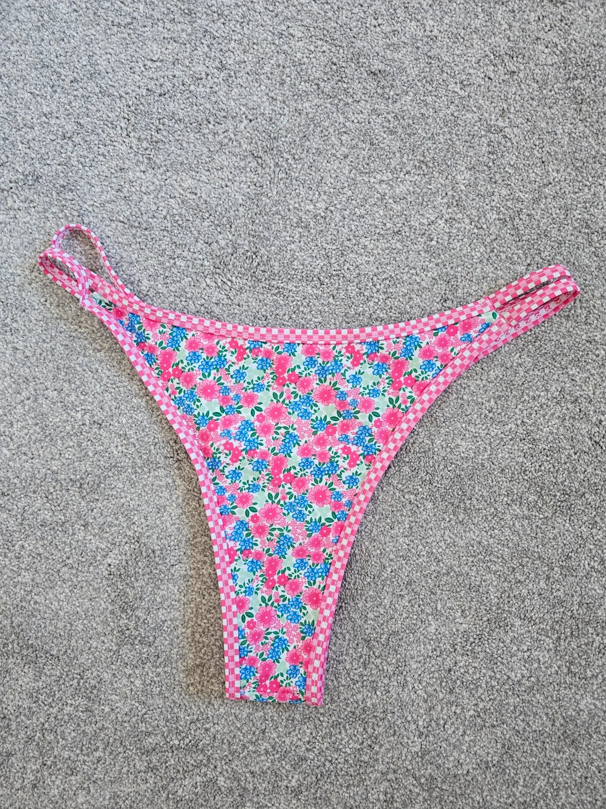 Shein women floral print triangle bikini top thong bottom swimsuit swimwear pink/blue L/12