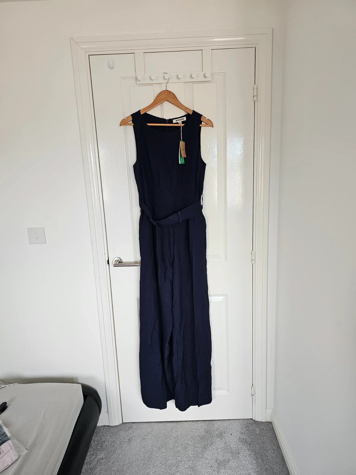 Boden gwen slash neck jumpsuit women sleeveless wide straight leg belted viscose regular navy L/12