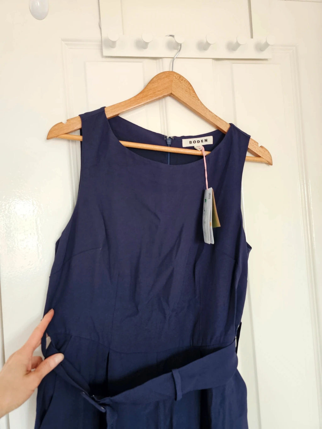 Boden gwen slash neck jumpsuit women sleeveless wide straight leg belted viscose regular navy L/12