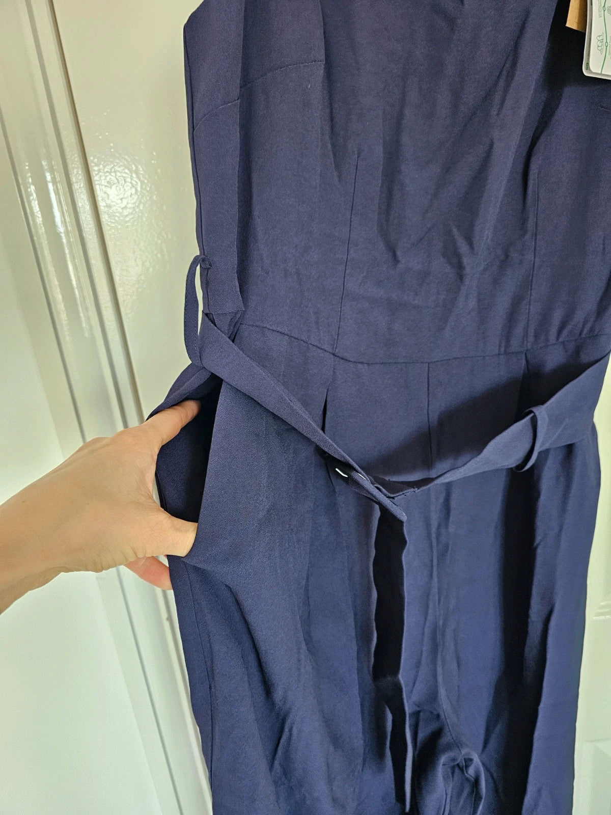 Boden gwen slash neck jumpsuit women sleeveless wide straight leg belted viscose regular navy L/12