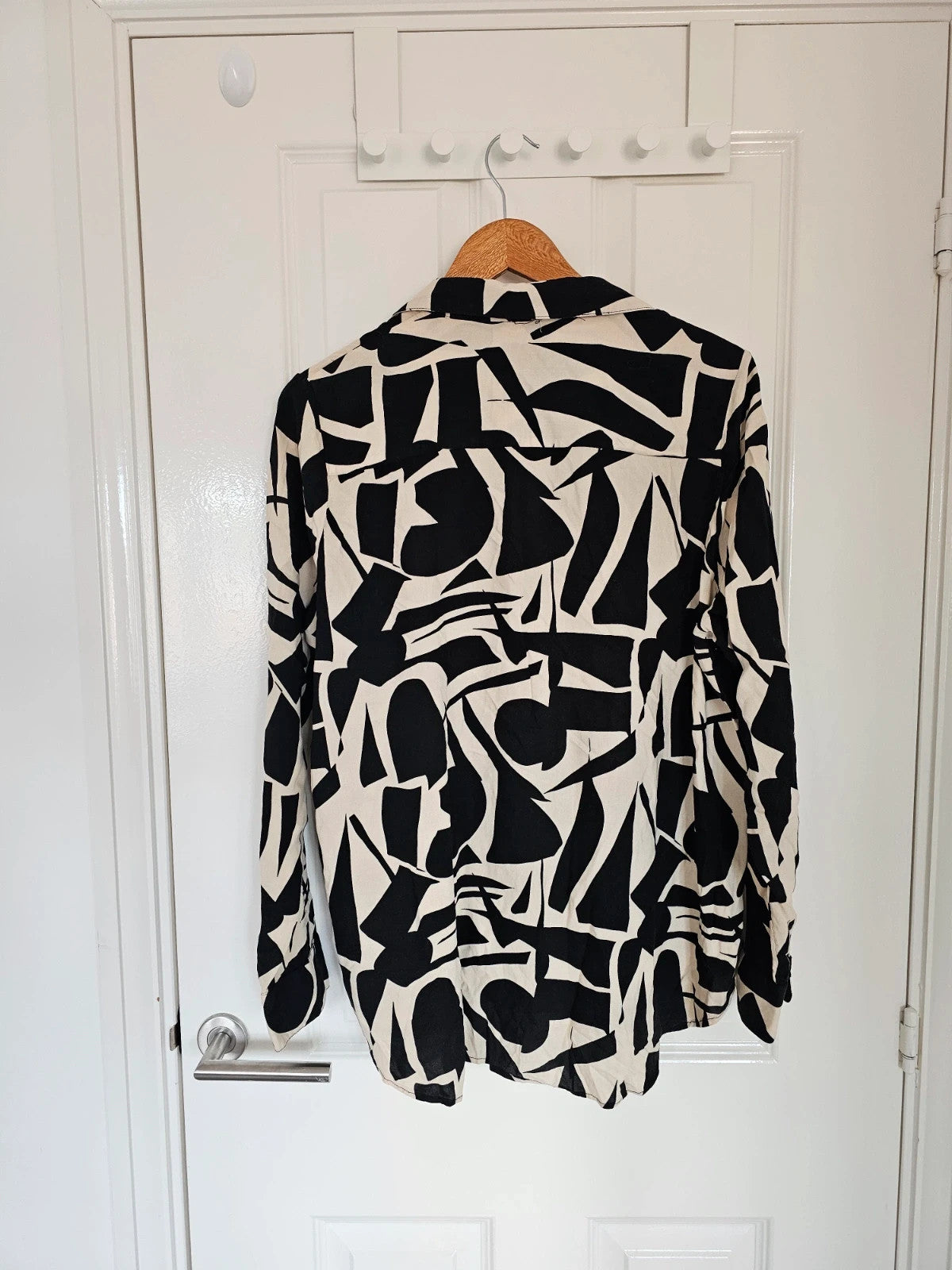 River Island viscose abstract print shirt long sleeve blouse buttons black beige 2XL/16