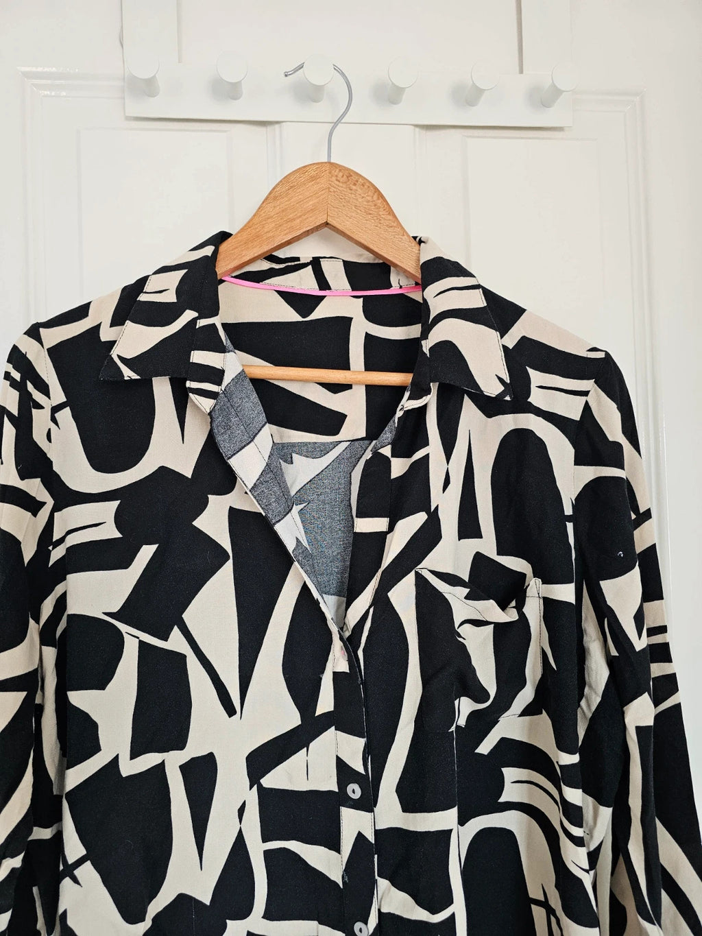 River Island viscose abstract print shirt long sleeve blouse buttons black beige 2XL/16