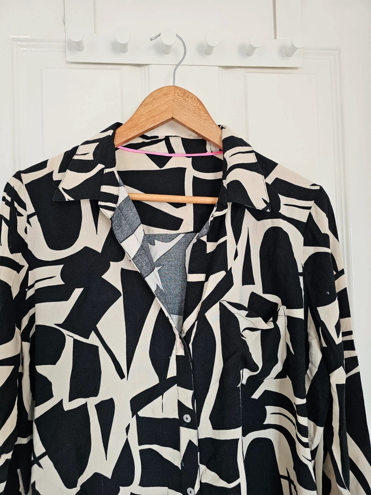 River Island viscose abstract print shirt long sleeve blouse buttons black beige 2XL/16