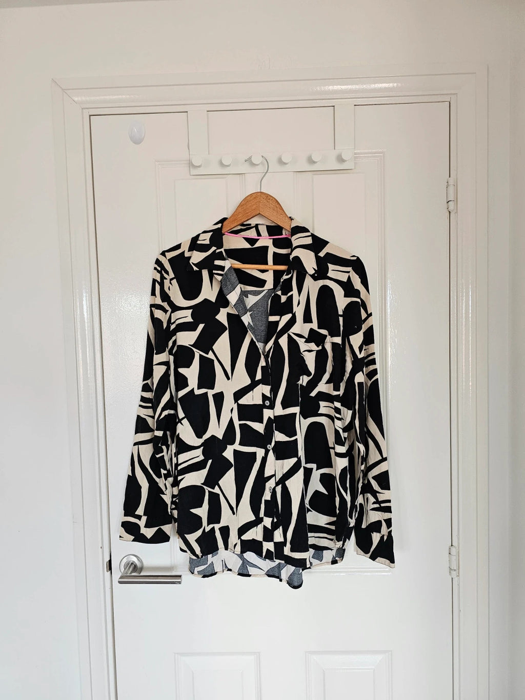 River Island viscose abstract print shirt long sleeve blouse buttons black beige 2XL/16