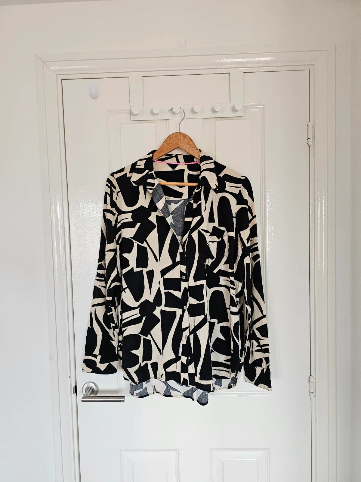 River Island viscose abstract print shirt long sleeve blouse buttons black beige 2XL/16