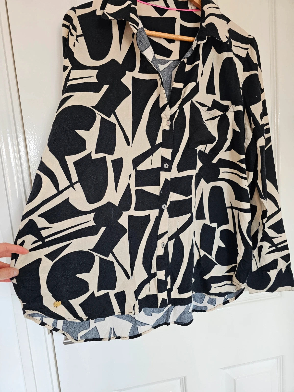 River Island viscose abstract print shirt long sleeve blouse buttons black beige 2XL/16