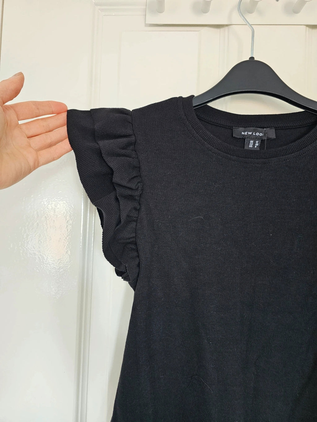 New Look rib frill short sleeve top women cotton crew neck casual black L/12