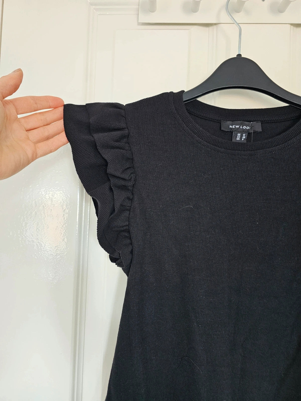 New Look rib frill short sleeve top women cotton crew neck casual black L/12