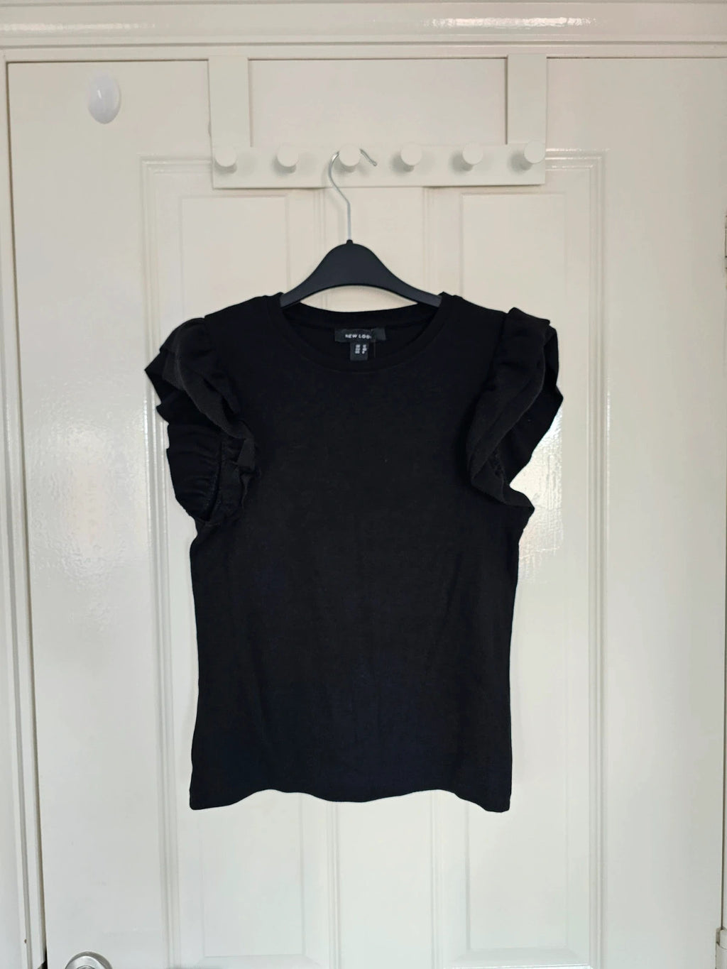 New Look rib frill short sleeve top women cotton crew neck casual black L/12