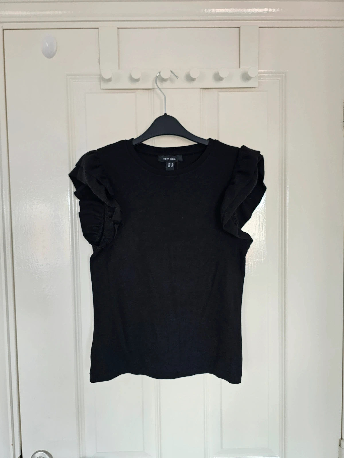 New Look rib frill short sleeve top women cotton crew neck casual black L/12