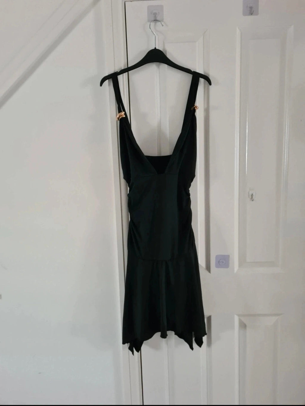 Shein curve women mini black swim dress V-neck one piece swimsuit metal detail straps 2XL/16