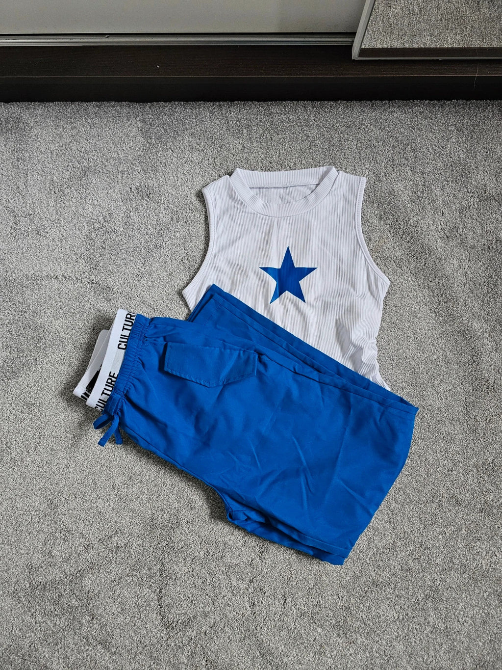 Shein kids girls 9y set star print tank top/T-shirt drawstring pants elastic waist white/blue