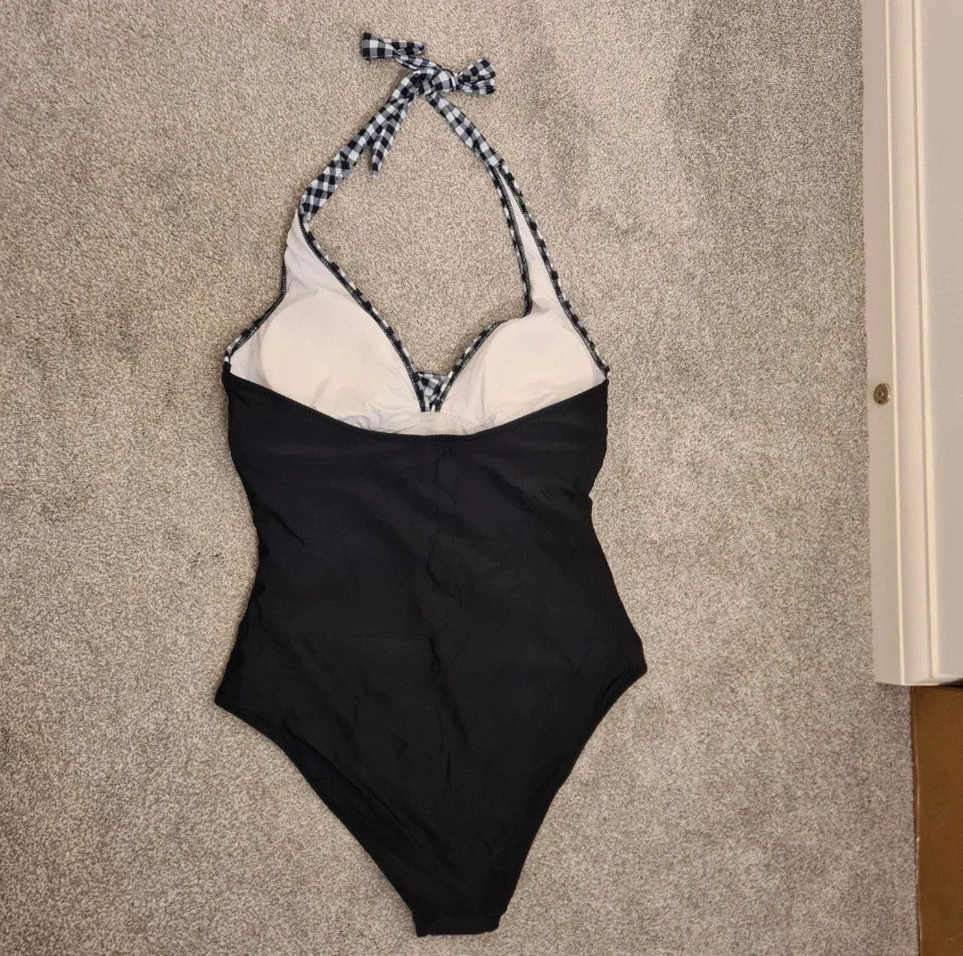 Generic monokini one piece swimsuit women gingham halterneck push up L/12 
beach pool black/white