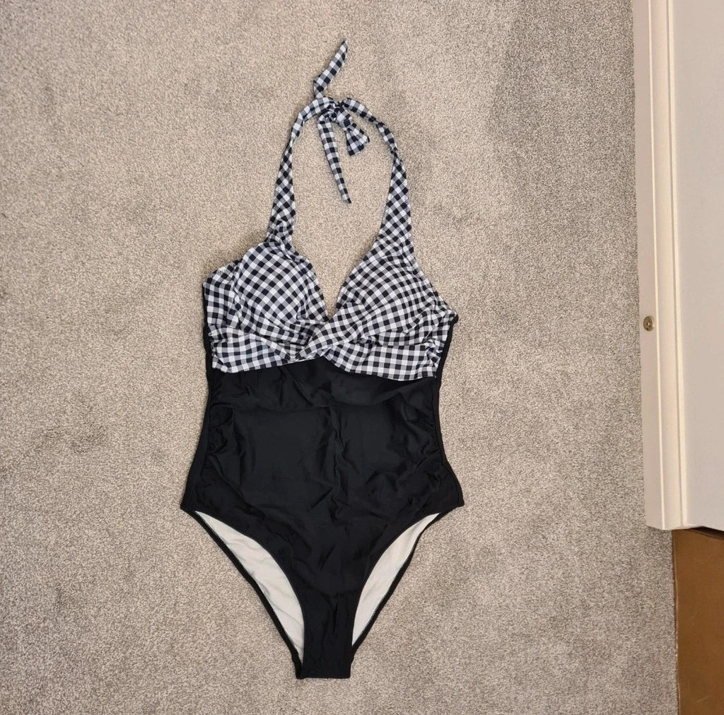 Generic monokini one piece swimsuit women gingham halterneck push up L/12 
beach pool black/white