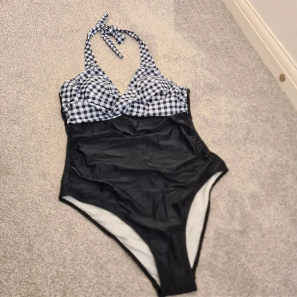 Generic monokini one piece swimsuit women gingham halterneck push up L/12 
beach pool black/white