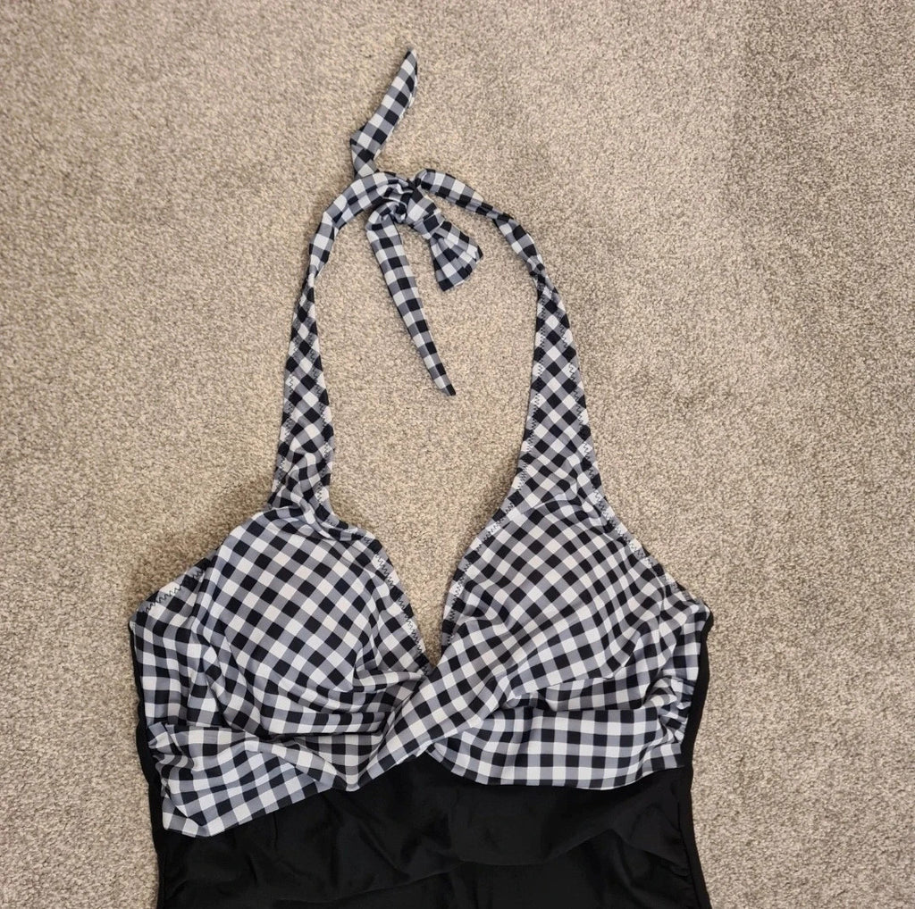 Generic monokini one piece swimsuit women gingham halterneck push up L/12 
beach pool black/white