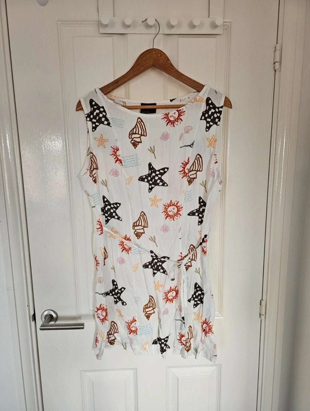 Asos linen blend slash neck mini dress women holiday print belted sleeveless white 2XL/16