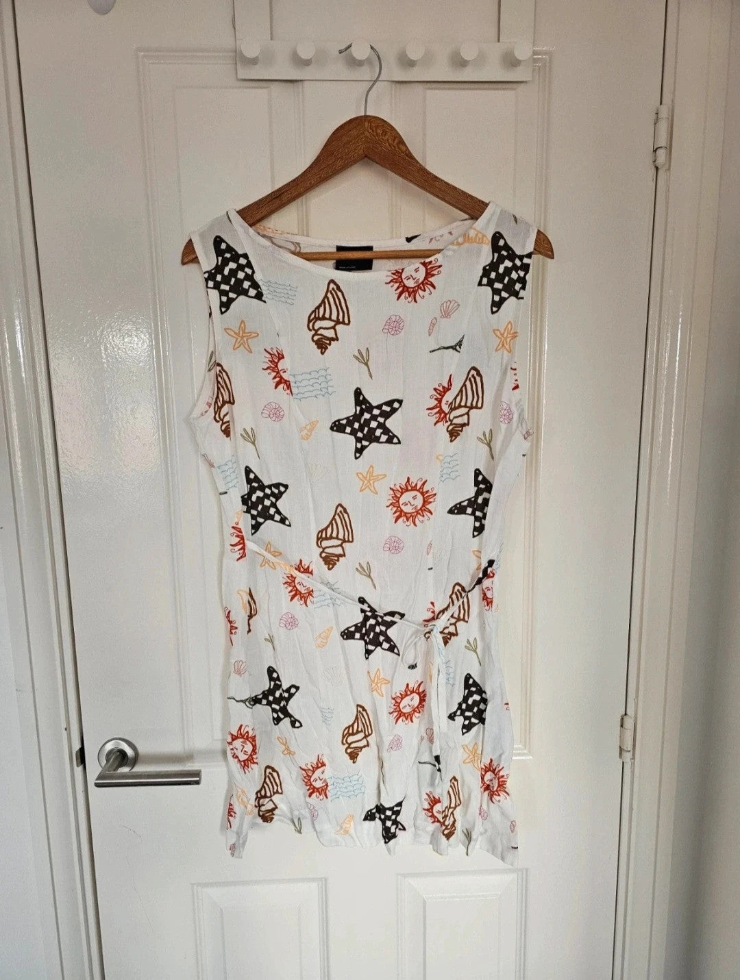 Asos linen blend slash neck mini dress women holiday print belted sleeveless white 2XL/16